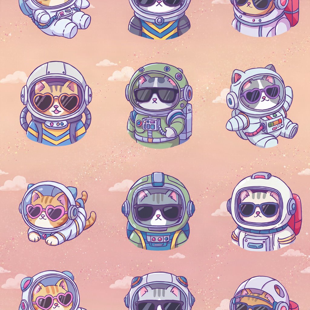 Cute astronaut cats in a seamless pattern preview, tile 1 of 9